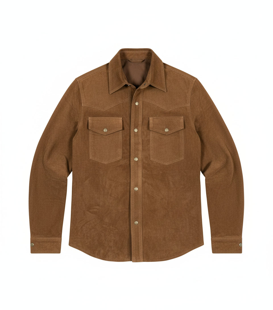 close-up-lay-flat - Men tan suede leather Shirt, tan brown flap pockets leather shirt jacket