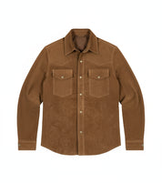 close-up-lay-flat - Men tan suede leather Shirt, tan brown flap pockets leather shirt jacket