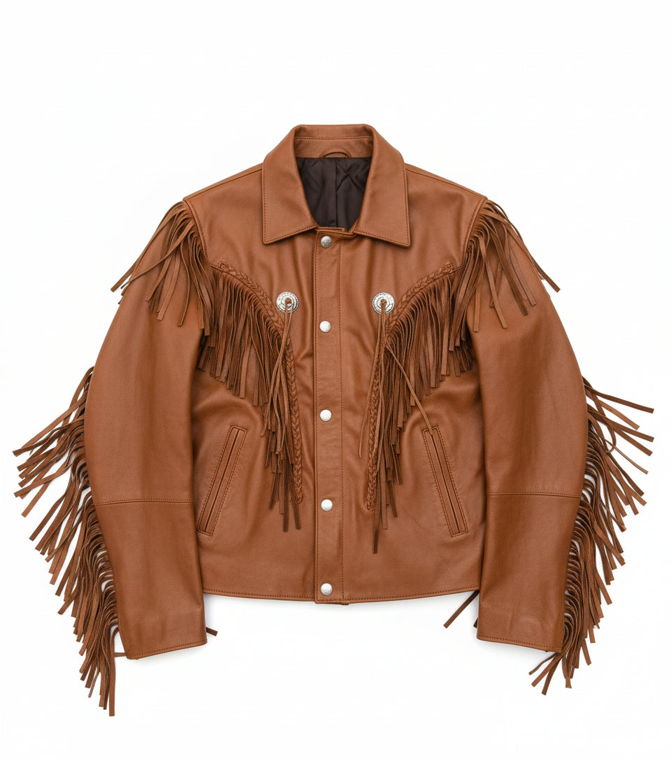 close-up-lay-flat - Men Tan Western Style Leather Jacket ,Cowboy Cowhide Leather Fringe Jacket