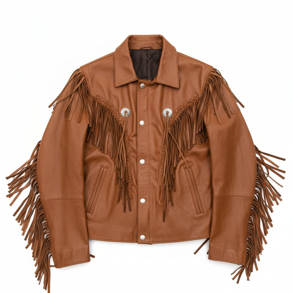 close-up-lay-flat - Men Tan Western Style Leather Jacket ,Cowboy Cowhide Leather Fringe Jacket