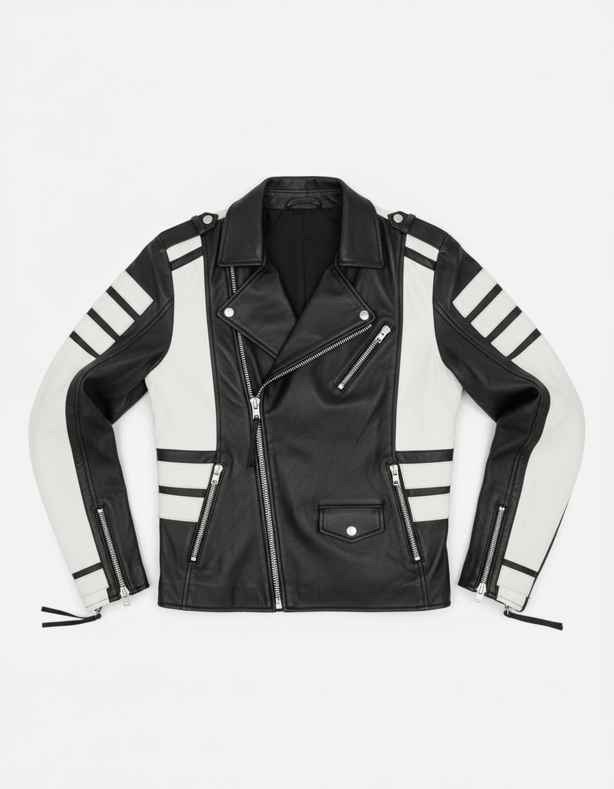 close-up-lay-flat - Men two tone biker jacket, Men black and white fashion jacket