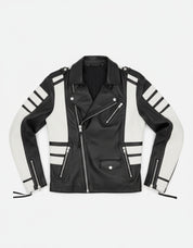 close-up-lay-flat - Men two tone biker jacket, Men black and white fashion jacket
