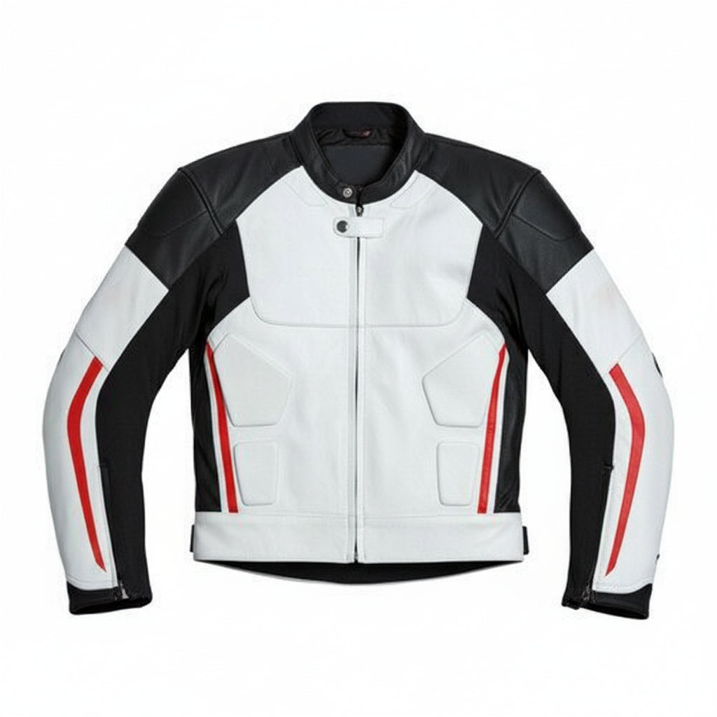 close-up-lay-flat - Men two tone Biker Leather Jacket, Mens motorcycle Racing Jacket