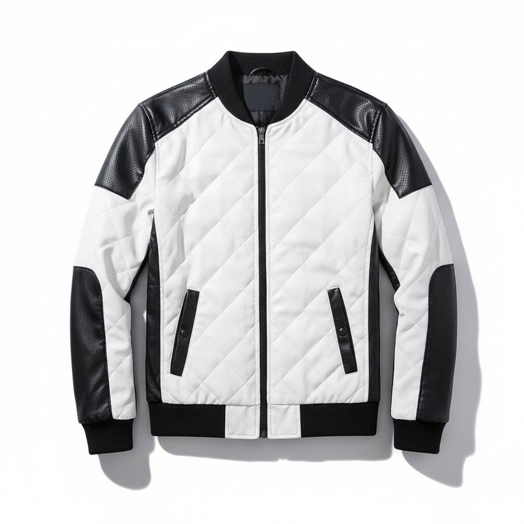 close-up-lay-flat - Men Two Tone Quilted Leather Jacket Mens Fashion Stand Collar Rider Jacket
