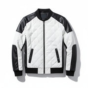 close-up-lay-flat - Men Two Tone Quilted Leather Jacket Mens Fashion Stand Collar Rider Jacket