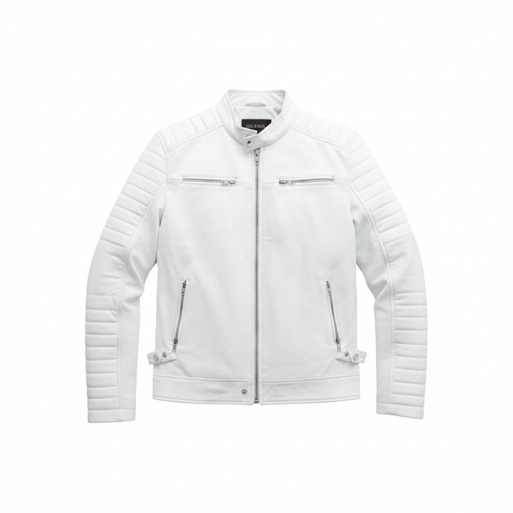 close-up-lay-flat - Men white leather slimfit jacket, Men motorcycle jacket, Jacket for men