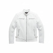 close-up-lay-flat - Men white leather slimfit jacket, Men motorcycle jacket, Jacket for men