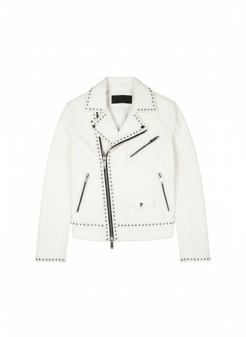 close-up-lay-flat - Men White Studded Leather Jacket, Motorcycle Fashion Leather Jackets