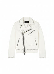 close-up-lay-flat - Men White Studded Leather Jacket, Motorcycle Fashion Leather Jackets