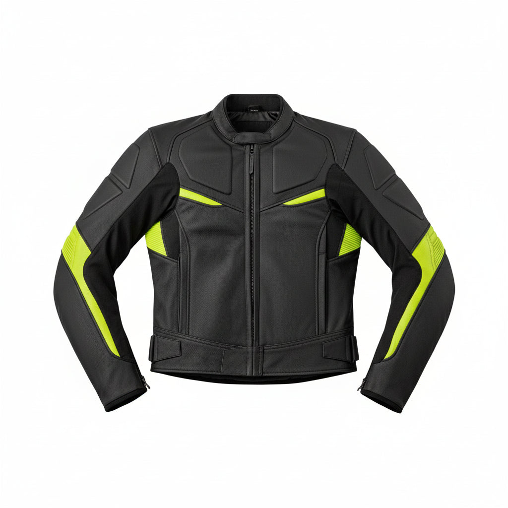 close-up-lay-flat - Men Yellow and black contrast Motorcycle racing Jacket with Safety Pads