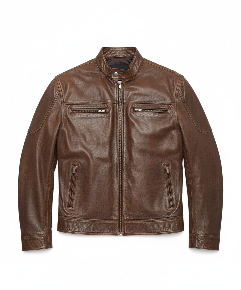 close-up-lay-flat - Men's Antique Brown Biker Leather Jacket