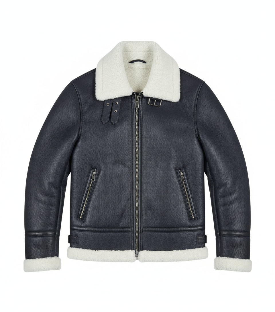 close-up-lay-flat - Men's B-3 Shearling Jacket, Aviator Leather Jacket, Bomber Jacket, Flight Jacket