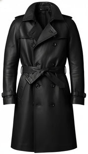 close-up-lay-flat - Men's Belted Leather Trench Coat in Genuine Cowhide