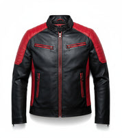 close-up-lay-flat - Men's Black and Red Leather Biker Jacket