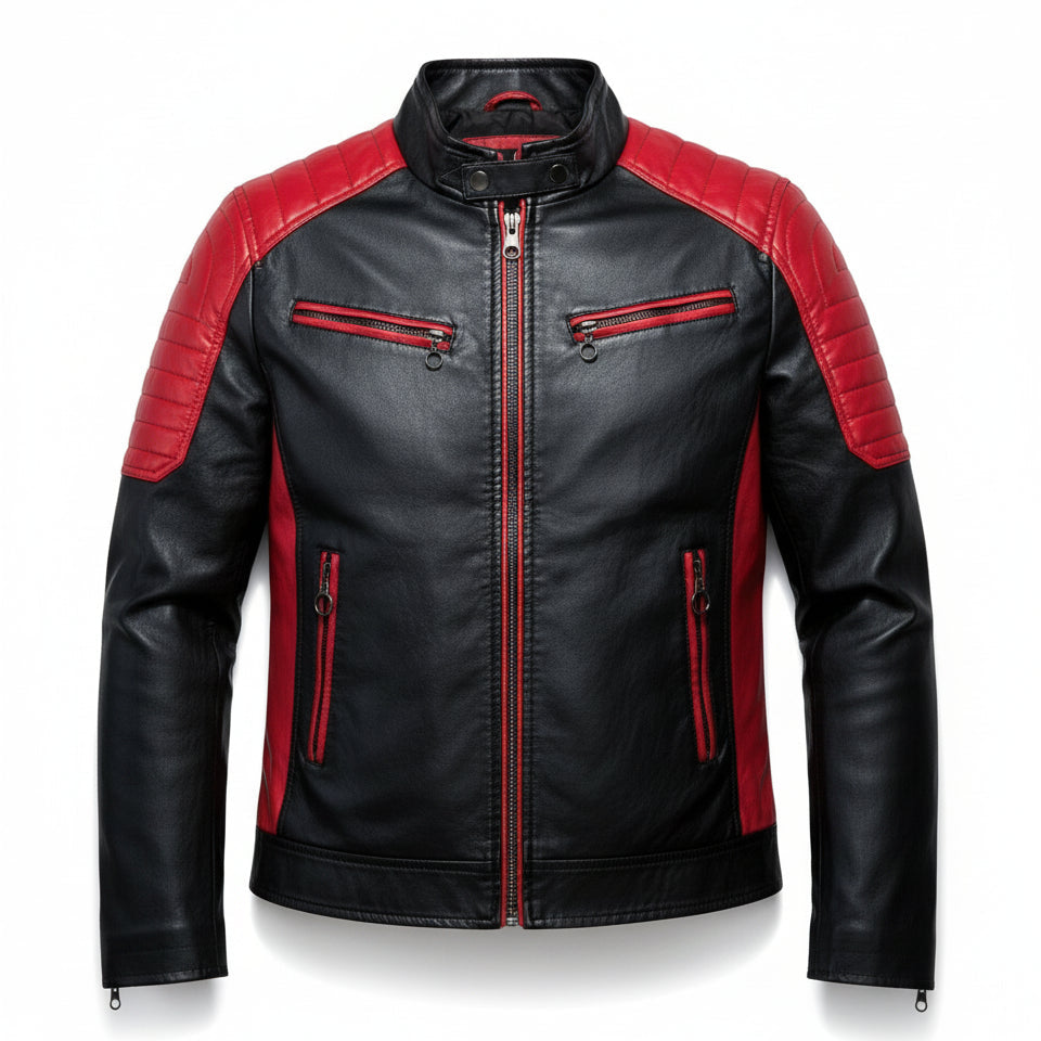 close-up-lay-flat - Men's Black and Red Leather Biker Jacket