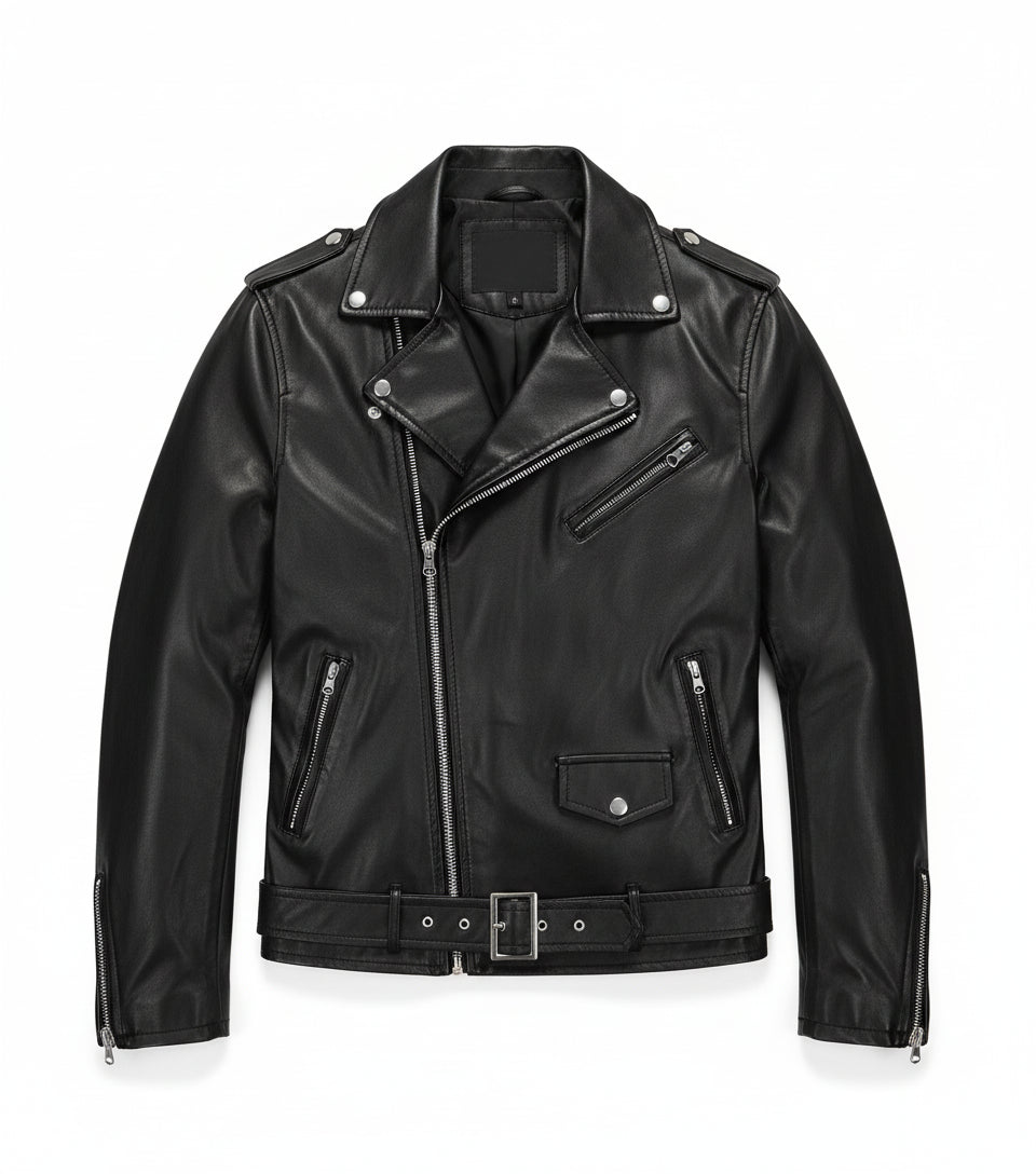 close-up-lay-flat - Mens black biker leather jacket belted Jacket, Men black leather jacket