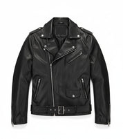 close-up-lay-flat - Mens black biker leather jacket belted Jacket, Men black leather jacket