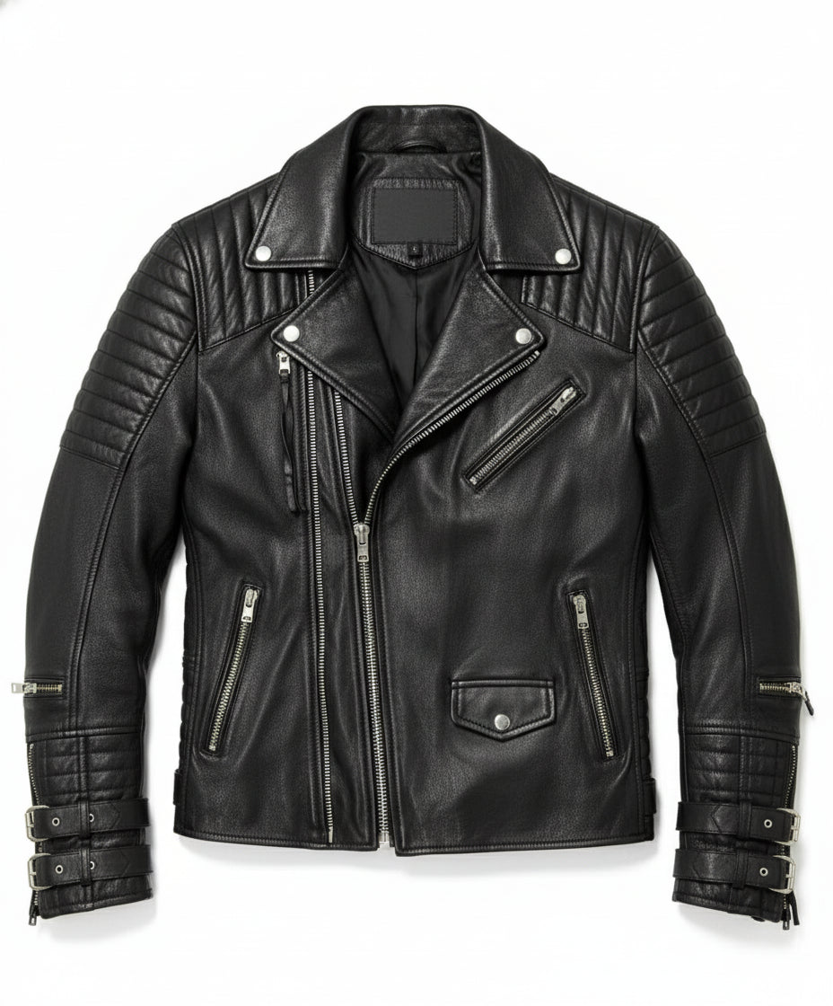 close-up-lay-flat - Men's Black Biker Leather Jacket with Multi Pockets