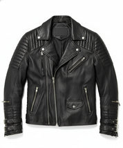 close-up-lay-flat - Men's Black Biker Leather Jacket with Multi Pockets