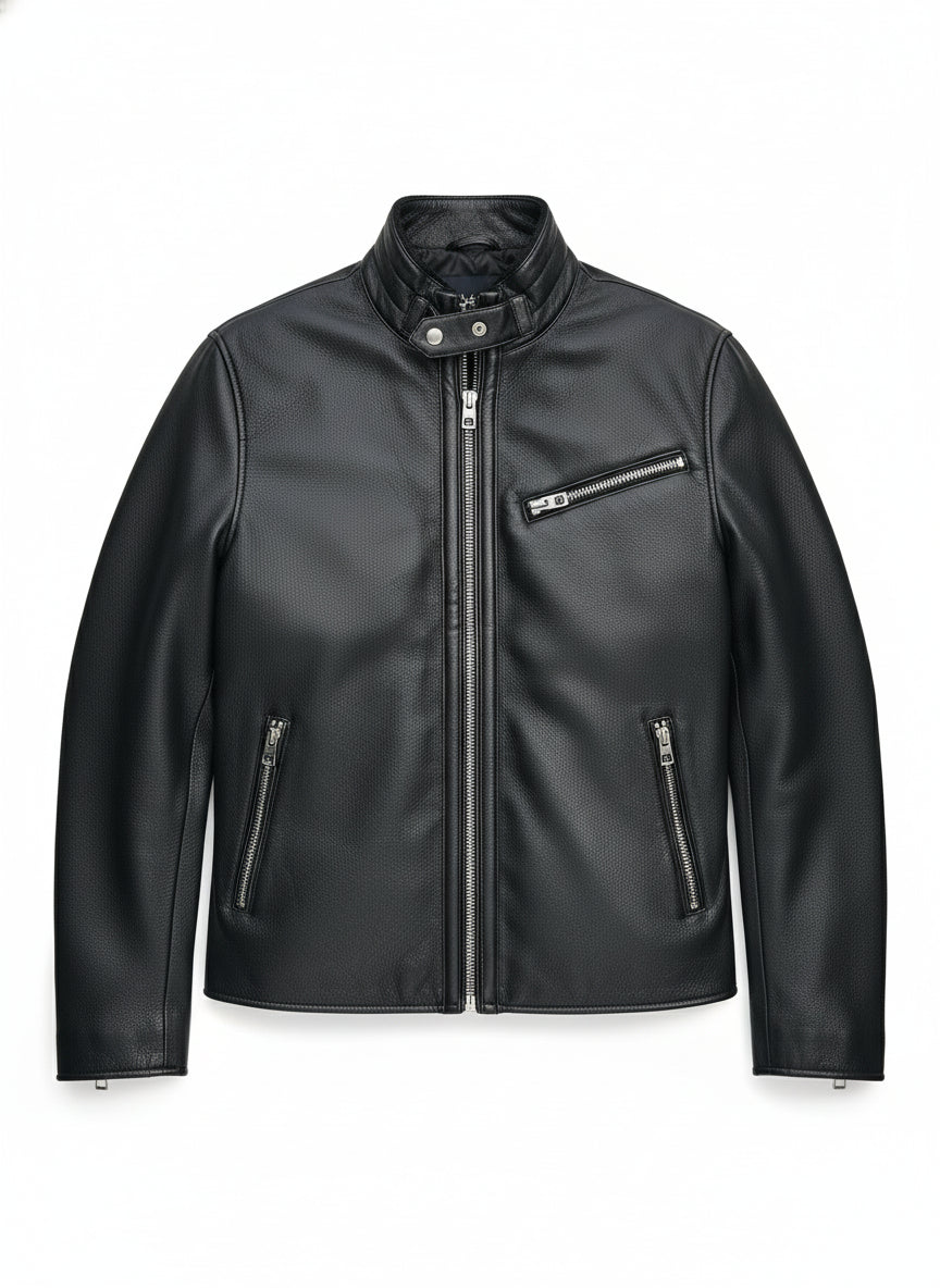 close-up-lay-flat - Men's Black Cowhide Leather Motorcycle Jacket
