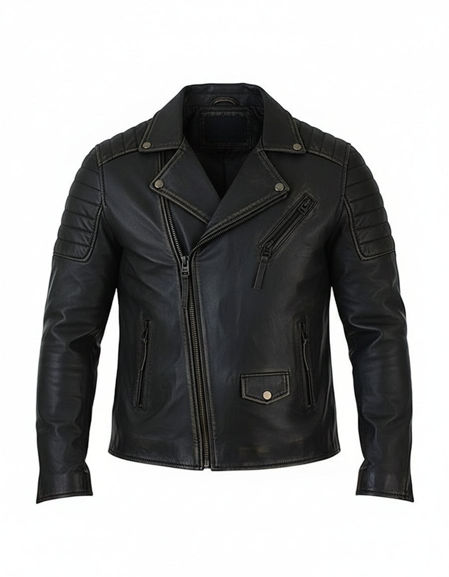 close-up-lay-flat - Men's Black Genuine Leather Jacket Slim Fit zip Closure Vintage Style
