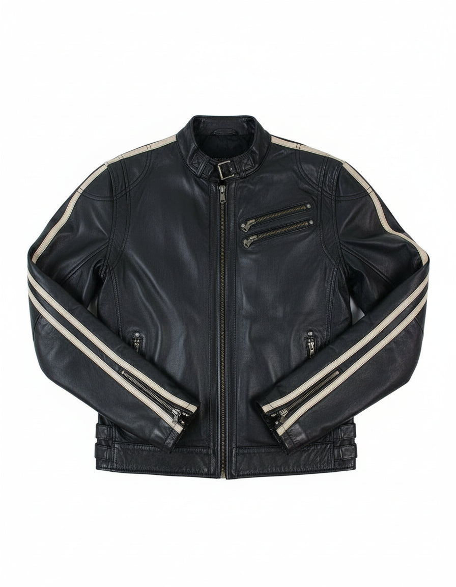close-up-lay-flat - Mens black genuine sheep leather jacket Men motocycle retro style jacket