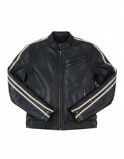 close-up-lay-flat - Mens black genuine sheep leather jacket Men motocycle retro style jacket