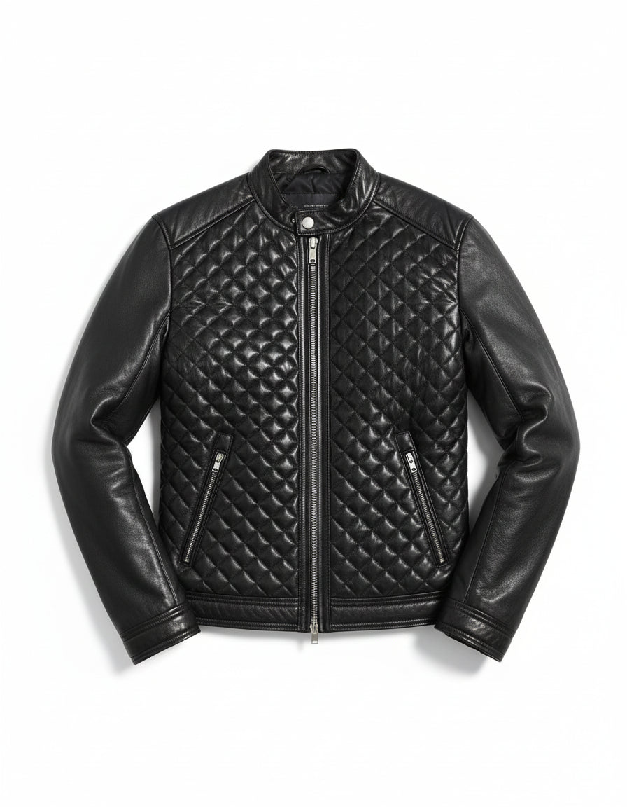close-up-lay-flat - Men's Black Quilted Leather Biker Jacket with Stand-Up Collar