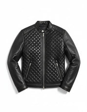 close-up-lay-flat - Men's Black Quilted Leather Biker Jacket with Stand-Up Collar