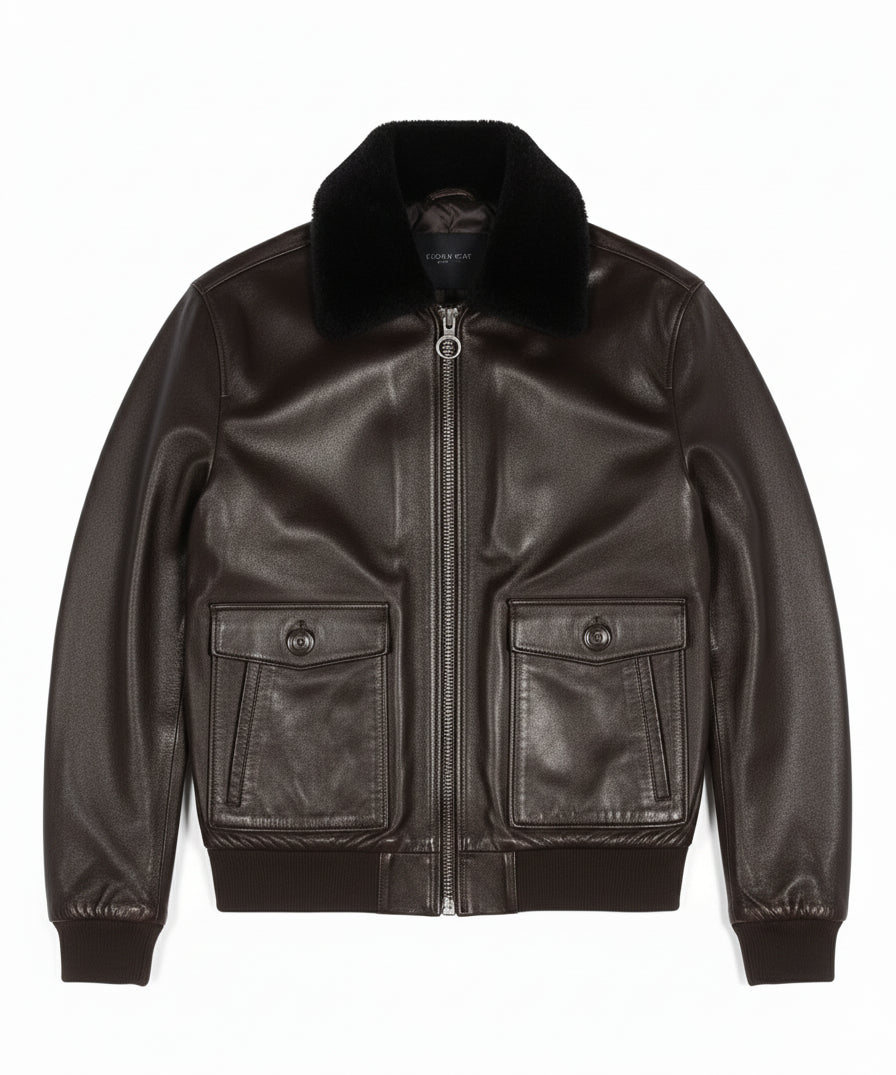close-up-lay-flat - Men's Bomber Leather Jacket, Leather Bomber Jacket, Men's Leather Flight Jacket, Smooth Leather Bomber Jacket