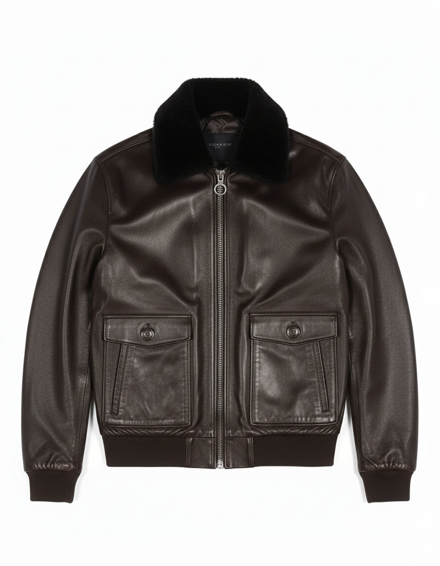 close-up-lay-flat - Men's Bomber Leather Jacket, Leather Bomber Jacket, Men's Leather Flight Jacket, Smooth Leather Bomber Jacket