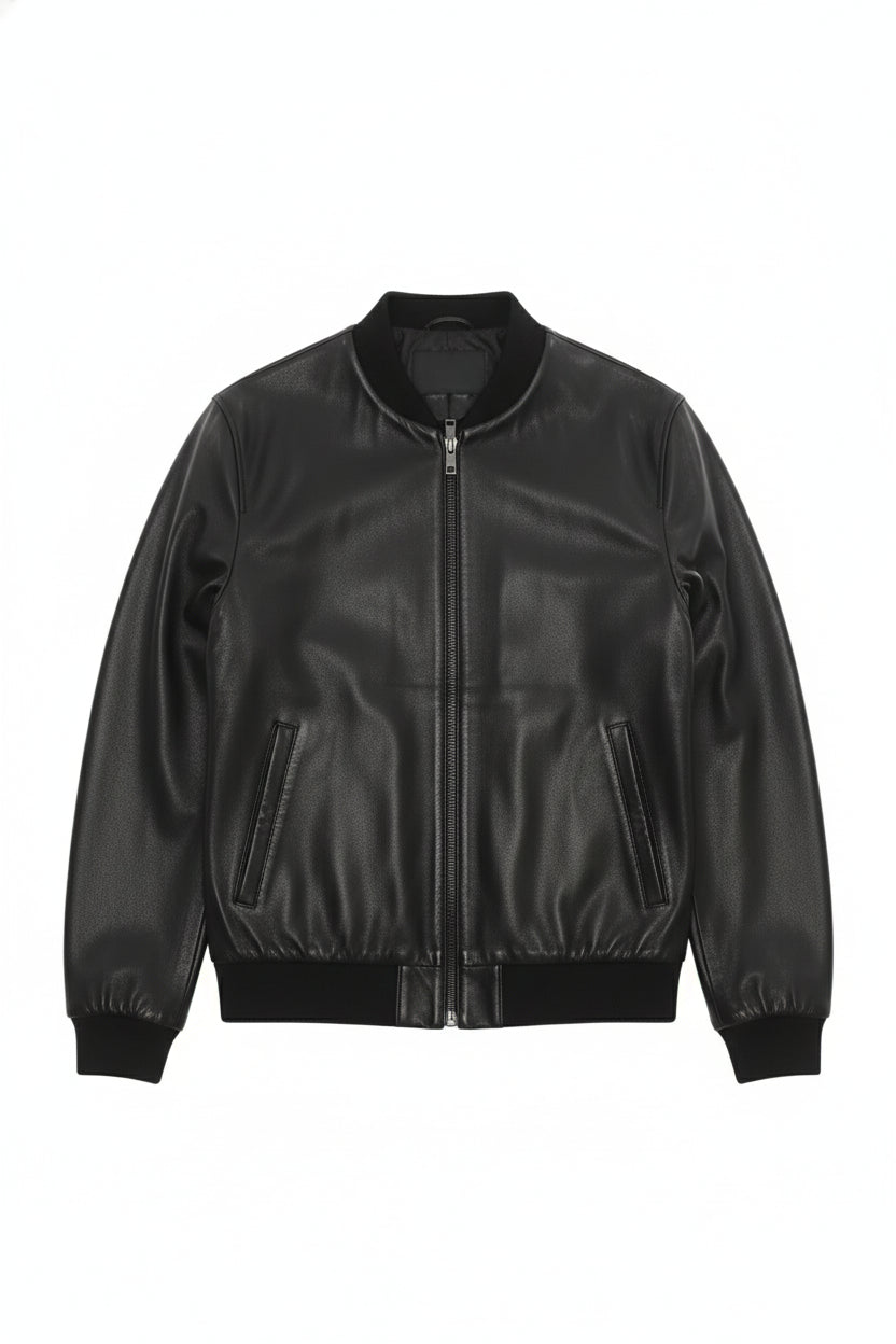 close-up-lay-flat - Men's Bomber Leather Jacket, Smooth Leather Bomber, Classic Bomber Jacket, Leather Flight Jacket