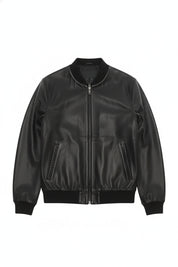 close-up-lay-flat - Men's Bomber Leather Jacket, Smooth Leather Bomber, Classic Bomber Jacket, Leather Flight Jacket