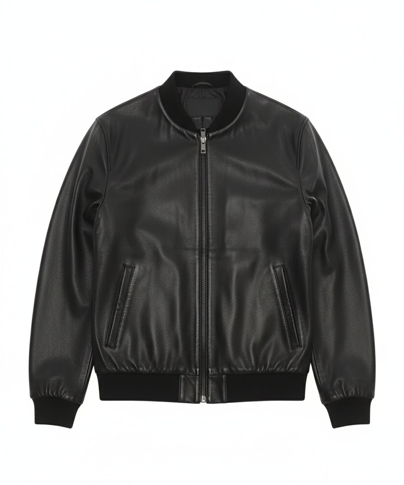 close-up-lay-flat - Men's Bomber Leather Jacket, Smooth Leather Bomber, Classic Bomber Jacket, Leather Flight Jacket
