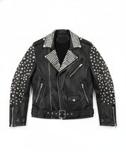 close-up-lay-flat - Mens Brando Biker Rock Punk Studded Black Motorcycle Cowhide Leather Jacket