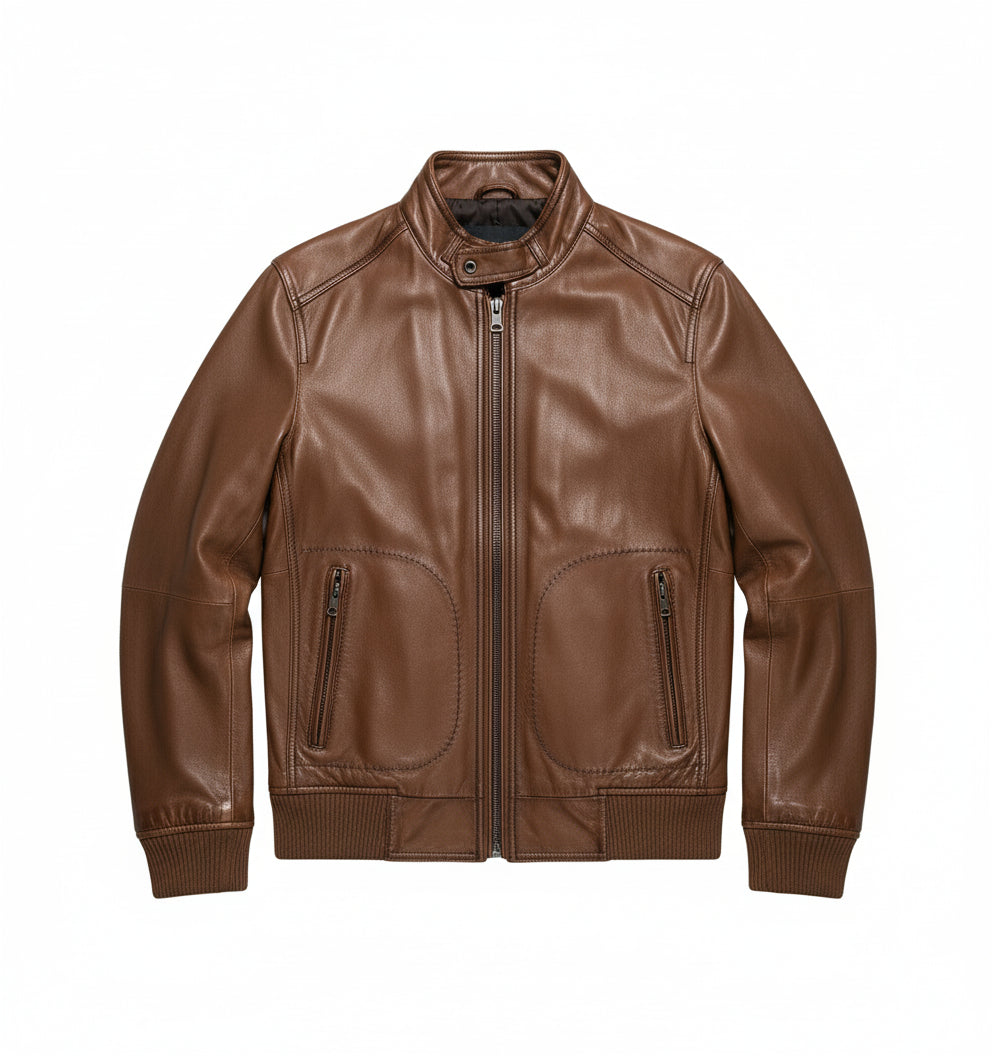 close-up-lay-flat - Mens brown genuine sheep leather jacket Men motocycle jacket, biker jacket