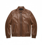 close-up-lay-flat - Mens brown genuine sheep leather jacket Men motocycle jacket, biker jacket