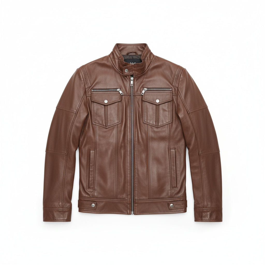 close-up-lay-flat - Men's Brown Leather Biker Jacket with Multi Pockets