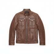 close-up-lay-flat - Men's Brown Leather Biker Jacket with Multi Pockets