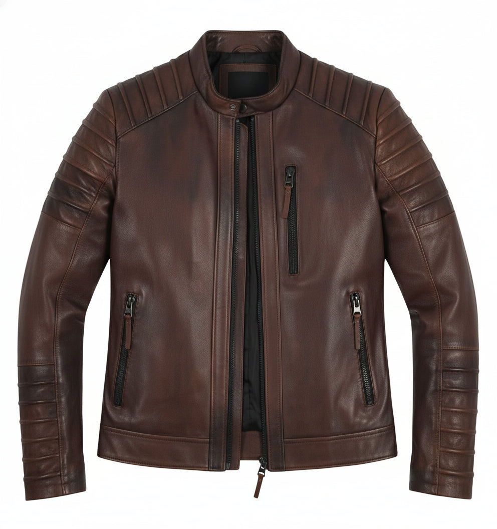 close-up-lay-flat - Mens Brown Leather Jacket, Brown Quilted Genuine Lambskin Biker jacket