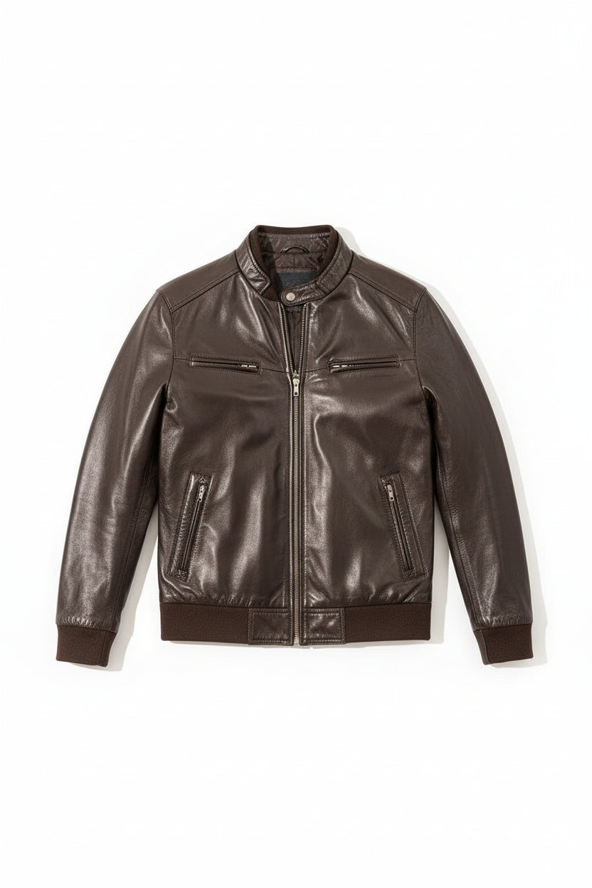 close-up-lay-flat - Mens brown leather jacket, Men multi pockets biker jacket slim fit jacket