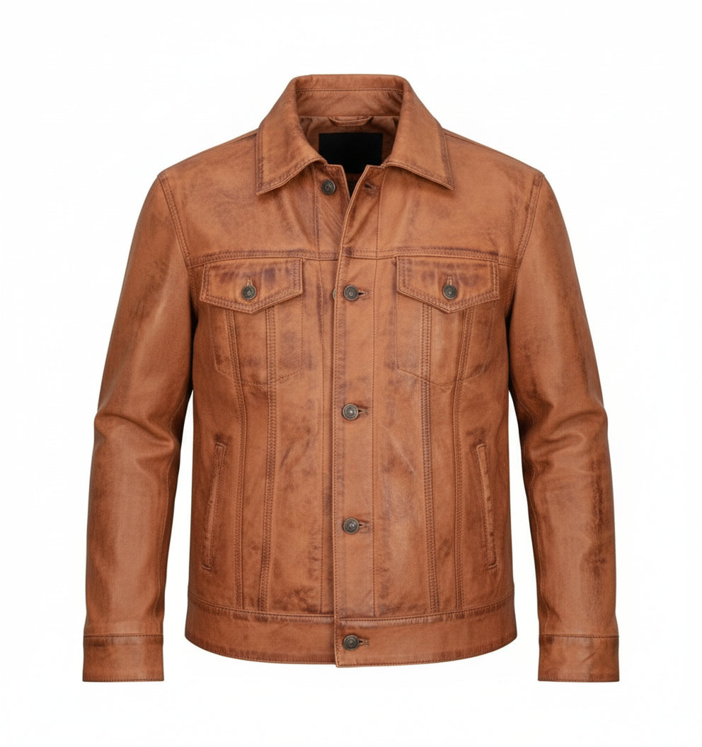 close-up-lay-flat - Men's Brown Leather Trucker Jacket, Men Tan Tan Genuine Leather Jacket