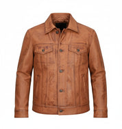 close-up-lay-flat - Men's Brown Leather Trucker Jacket, Men Tan Tan Genuine Leather Jacket