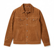 close-up-lay-flat - Men's Brown Suede Leather Trucker Jacket, Genuine Brown Western Soft Suede
