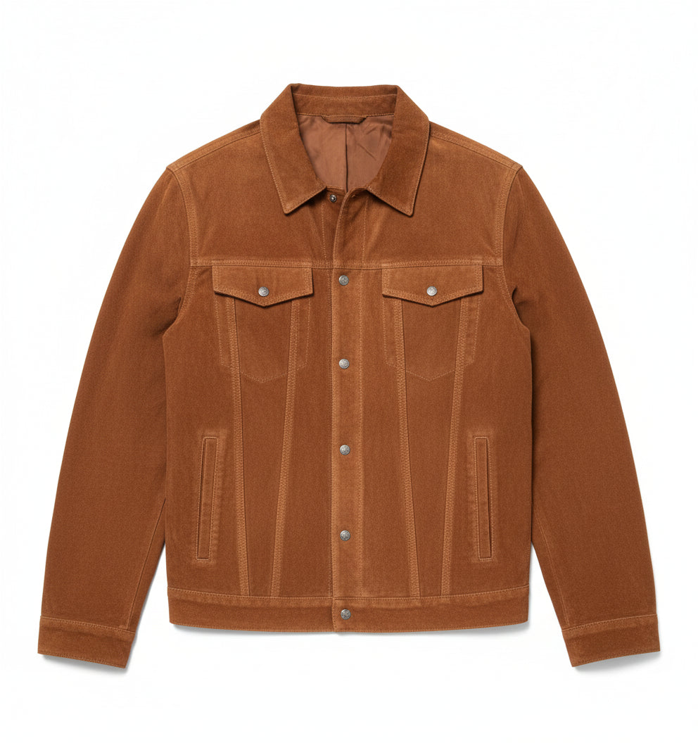 close-up-lay-flat - Men's Brown Suede Leather Trucker Jacket