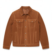 close-up-lay-flat - Men's Brown Suede Leather Trucker Jacket