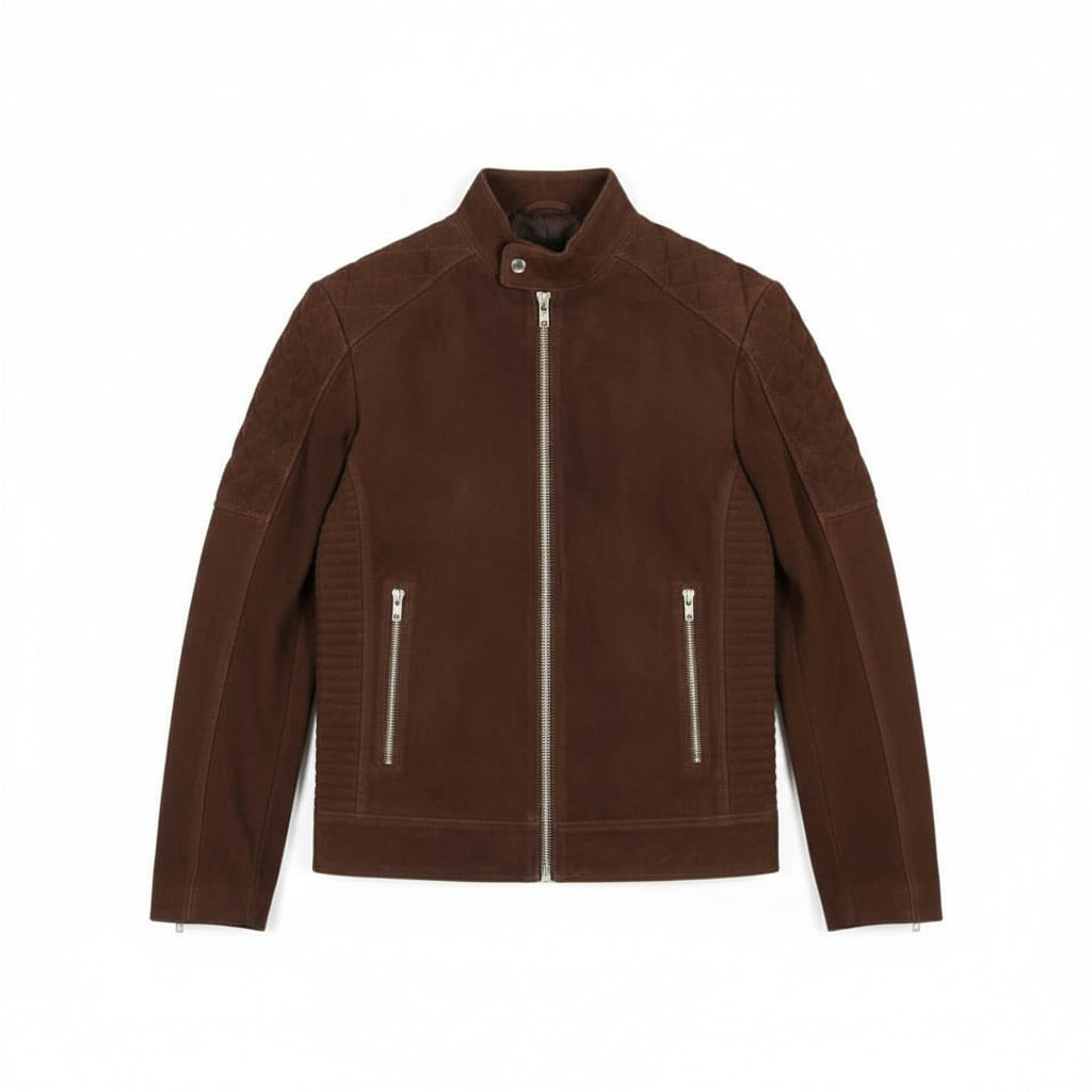 close-up-lay-flat - Men's Brown Suede Slim Fit Biker Jacket