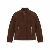 close-up-lay-flat - Men's Brown Suede Slim Fit Biker Jacket