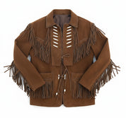 close-up-lay-flat - Men's Brown Suede Western Jacket with Fringes and Beadwork