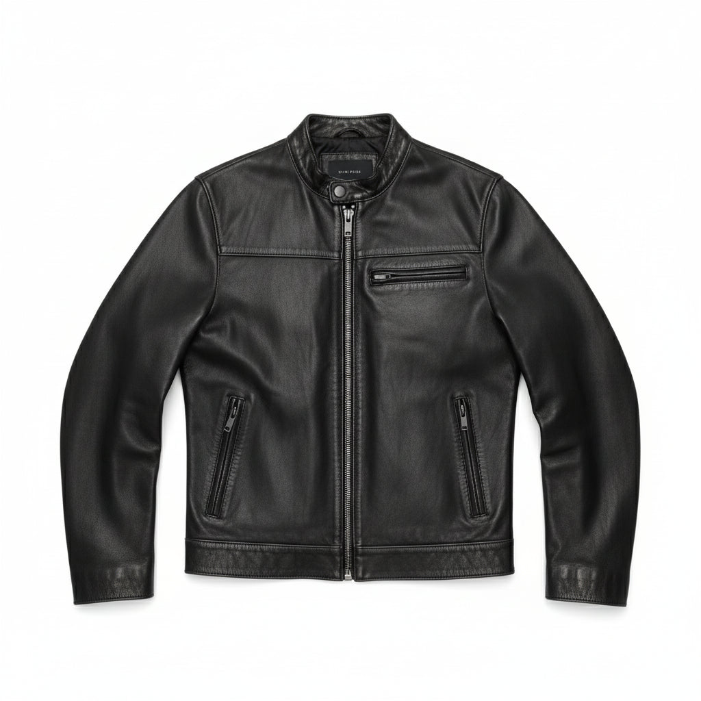 close-up-lay-flat - Men's Cafe Racer Leather Jacket, Black Leather Jacket, Distressed Leather Jacket, Slim Fit Leather Jacket
